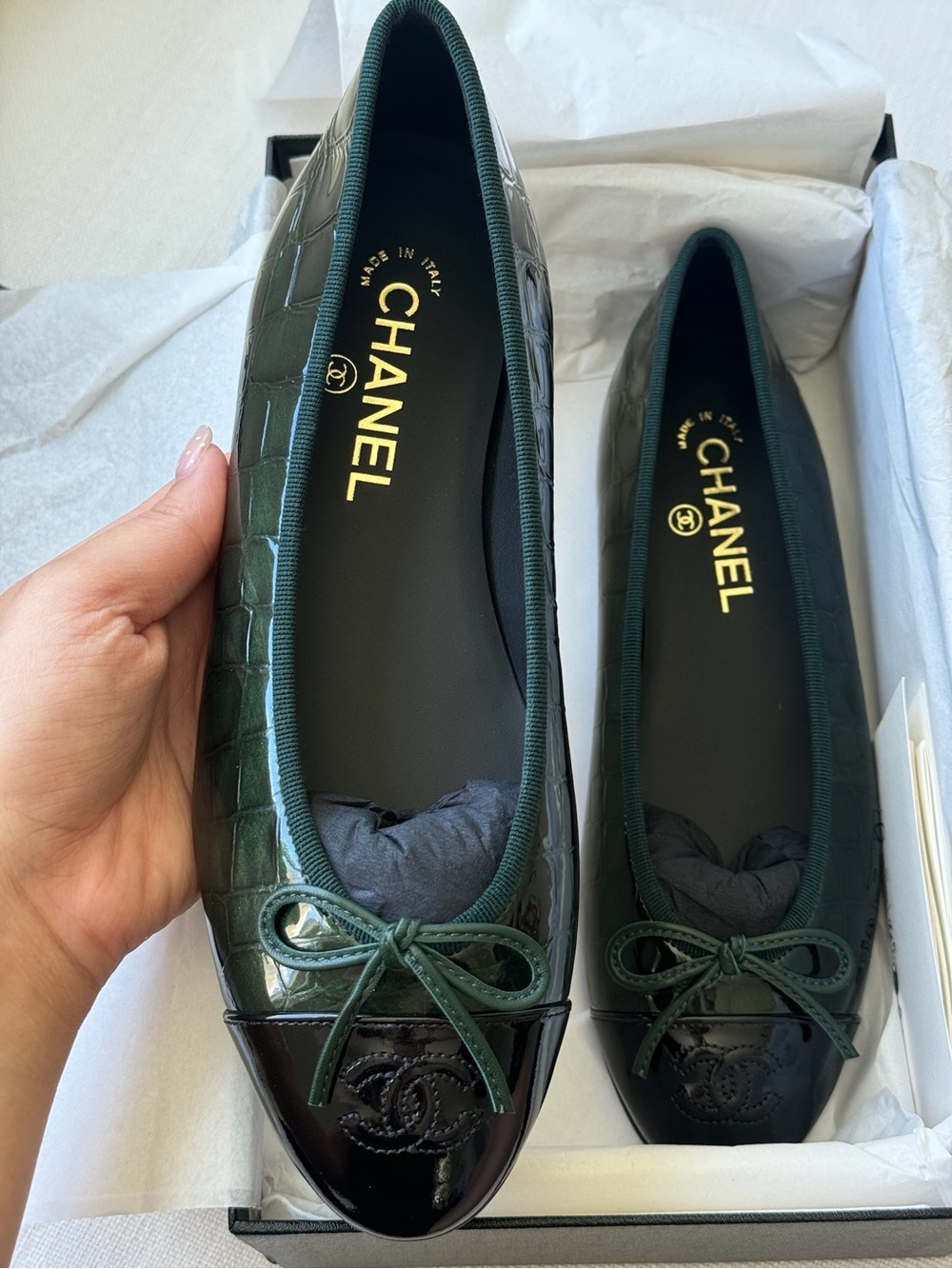 CHANEL Dark Green Croc Ballerinas 2026